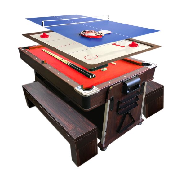 Pool Table 7FT Multigame Red Air Hockey + Table Tennis + Top – Ultron with Benches