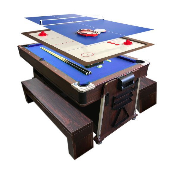 Pool Table 7FT Multigame Blue Air Hockey + Table Tennis + Top – Wasp with Benches